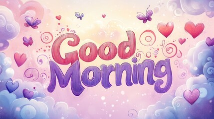 A whimsical illustration of the phrase "Good Morning" written in a playful font and surrounded by clouds, hearts, and butterflies against a colorful sky.