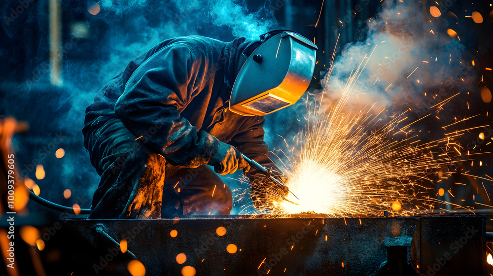 Poster a welder works on a metal structure, creating bright sparks and dynamic energy in a dark workshop se