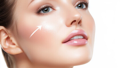 A close-up of a womans face with glowing arrows pointing upward along her cheeks and neck, illustrating the effects of face contouring and lifting.