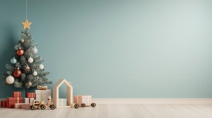 Kids' playroom with colorful Christmas tree and toys, festive fun, 3D illustration