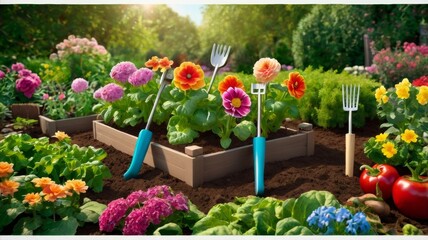 A bright picture for a children's book with a vegetable garden, beds, and a shovel.