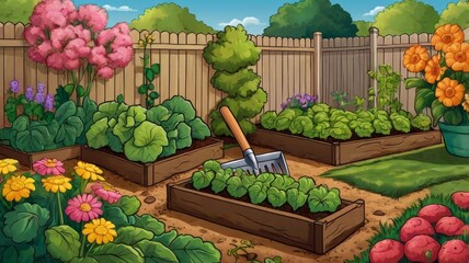A bright picture for a children's book with a vegetable garden, beds, and a shovel.