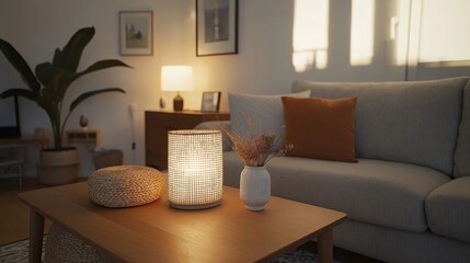 Cozy scandi living room with soft lighting and modern decor elements