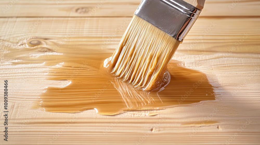 Poster applying varnish to an old wooden table with a dripping brush in a softly lit rustic setting