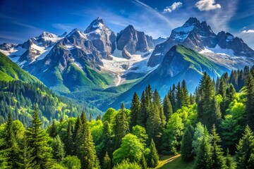 Fototapeta premium Majestic Mountain Peaks Surrounded by Lush Green Forest Under a Clear Blue Sky in Nature's Beauty
