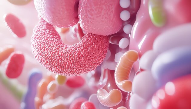 A colorful animated flow through the digestive system, starting in the stomach and traveling through the intestines, liver, and kidneys, with nutrients being absorbed along the way.