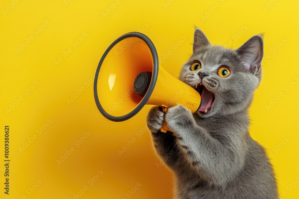 Poster a curious gray cat holds a colorful megaphone in its paws, ready to make some noise