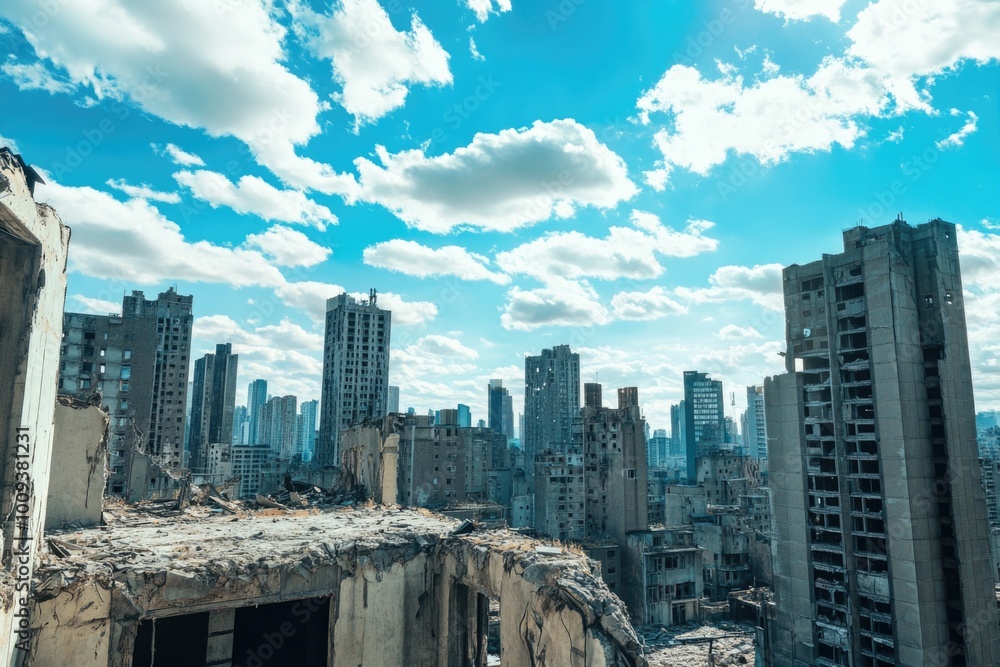 Poster A view of a city from the top of a building, perfect for urban landscapes or architecture projects