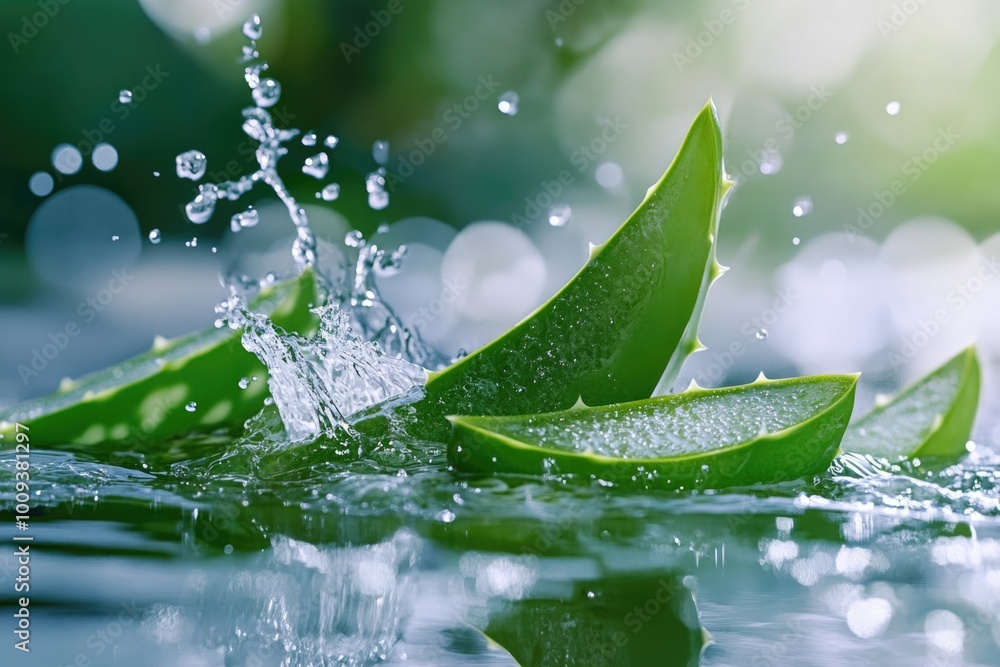 Poster close-up of a leaf with water droplets creating ripples
