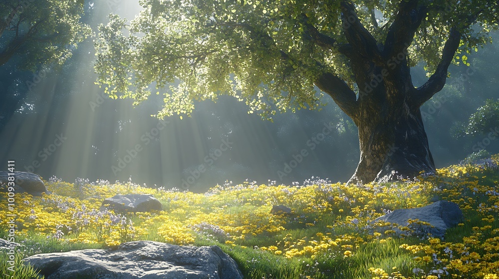 Poster sunlight streams through the canopy of a large tree in a lush forest clearing, illuminating a field 