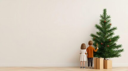 Family room with children decorating a Christmas tree, heartwarming scene, 3D illustration