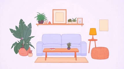 Cozy scandinavian living room with modern decor and indoor plants