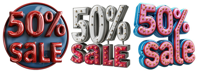 Fifty Percent Off Sale Collection Three Dimensional Red White Blue Pink Glossy Plastic Bubble Letters Special Offer Discount Retail Marketing PNG Transparent Background