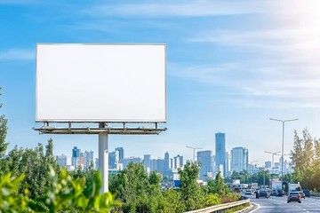Blank white billboard on urban expressway, busy cityscape in the background, modern commercial space