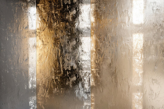 Elegant Design with Metallic Texture Creating a Luxurious Ambiance &ndash; Silver and Gold Sheen Enhances Sophistication in the Space, Highlighted by Reflective Effects from Side Lighting