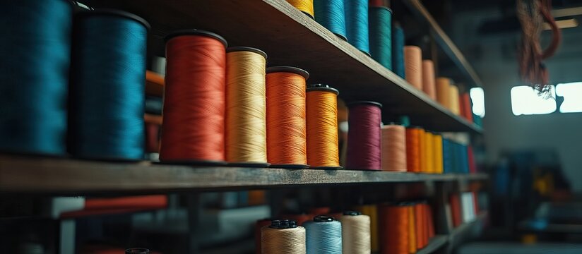 Colorful Threads on Wooden Shelf