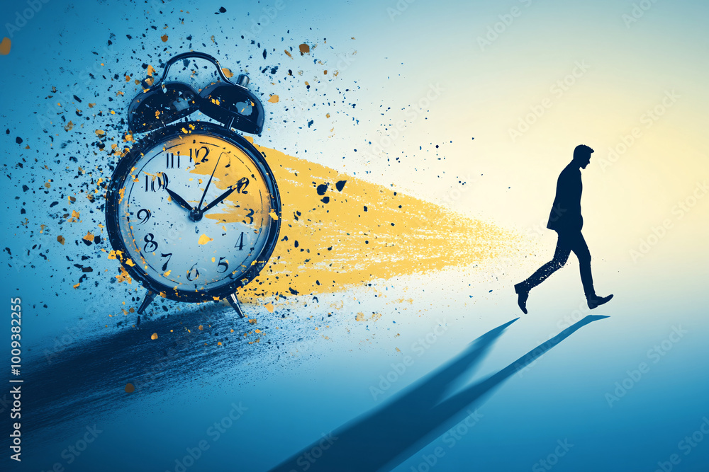 Poster a surreal image of a man walking away from a large clock with colorful splashes and beams of light s