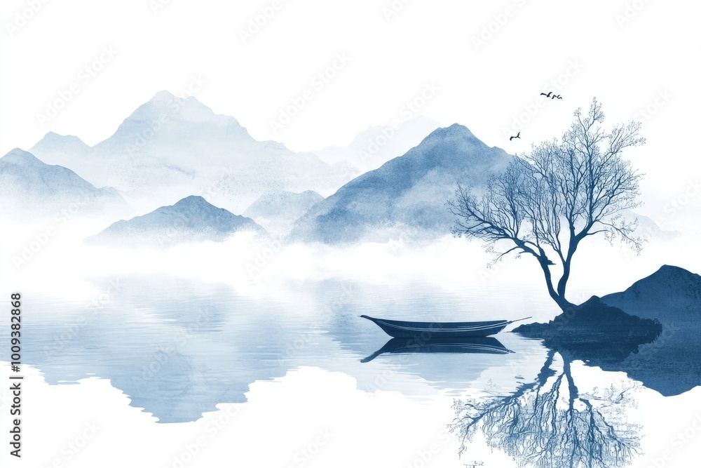 Poster a serene lake scene featuring a small boat floating near a tall tree