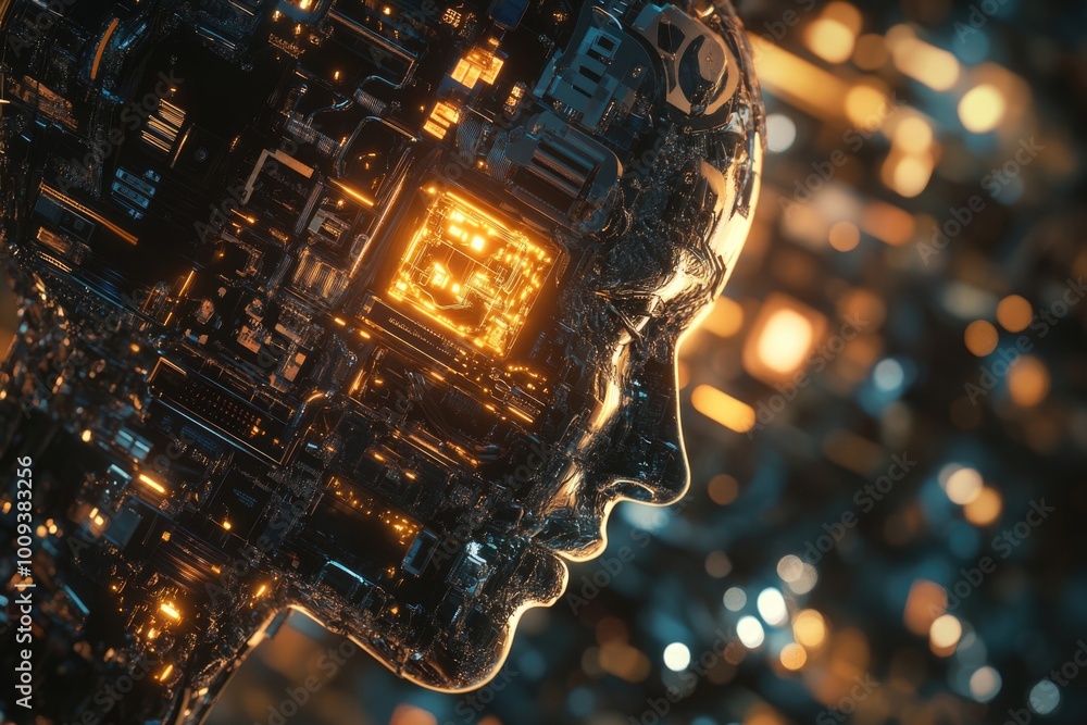 Poster a futuristic design concept featuring a human head with an electronic circuit in the center, represe