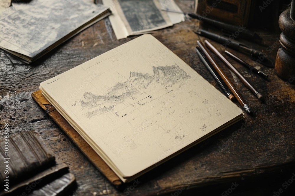 Poster an open drawing book sits on a wooden table, ready for creative use