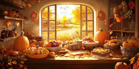 A Thanksgiving feast filled with autumnal colors like orange, yellow, and brown, surrounded by harvest decorations.