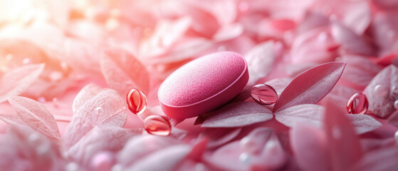 Obraz premium pink pill surrounded by soft pink leaves and droplets creates calming atmosphere. 