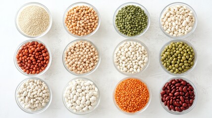 Fototapeta premium A row of bowls filled with various types of beans and other legumes