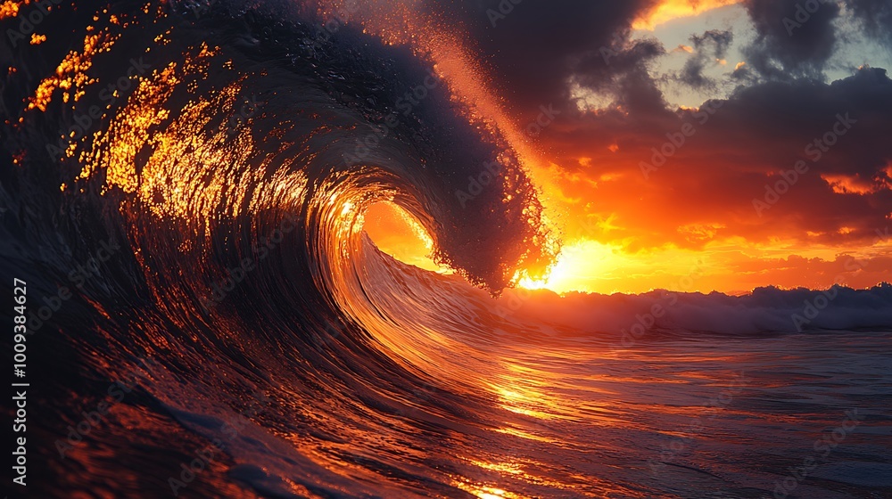 Poster a large wave breaks in the ocean at sunset. the wave is backlit by the setting sun, creating a fiery