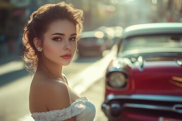 Naklejka premium A woman standing by a red vehicle, possibly waiting or admiring the car