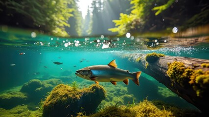 Underwater Forest Ecosystem: Salmon Navigate Crystal Waters
