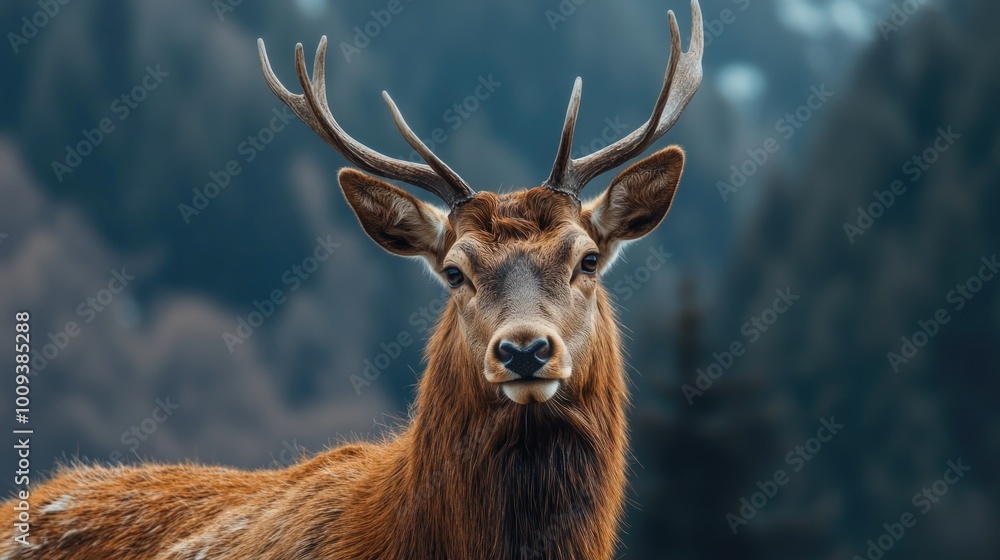 Poster a close-up shot of a deer's head with a serene forest background