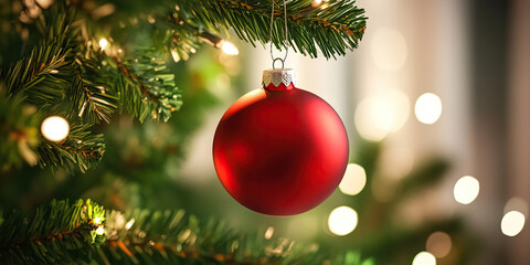 A close-up of a bright red Christmas ornament hanging from a green garland, with a twinkling white light inside.