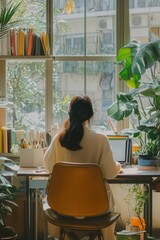 A person working at a desk surrounded by plants and natural light.