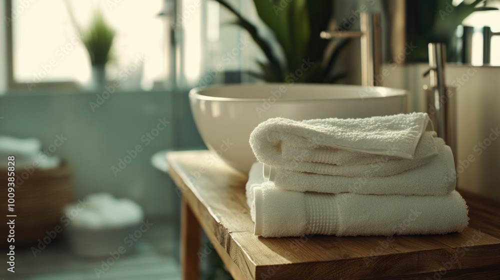 Poster A stack of white towels resting on a wooden countertop, ideal for use in various settings such as gyms, spas, or homes