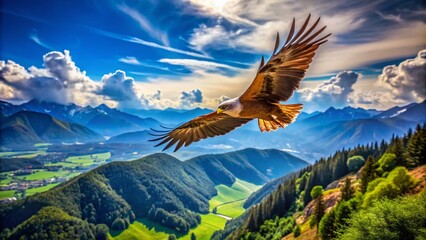 Naklejka premium Majestic Sopilote Soaring Through a Clear Blue Sky Over Lush Green Landscapes and Mountains