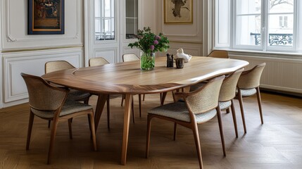 Elegant dining room interior with stylish wooden elements and modern decor