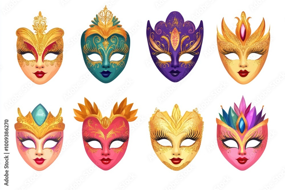 Poster a collection of colorful masks arranged on a white background, perfect for use in creative projects 