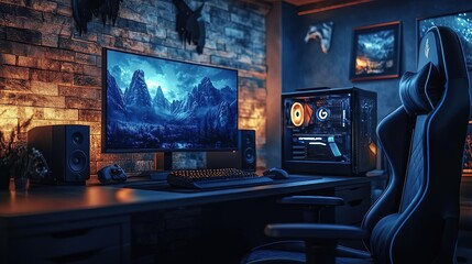 Obraz premium A modern gaming setup featuring a sleek computer, vibrant monitor, and comfortable chair, ideal for immersive gameplay.
