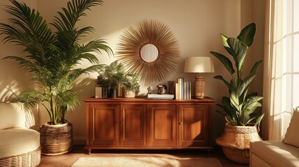 Elegant home interior with wooden cabinet and lush greenery for spring decor inspiration