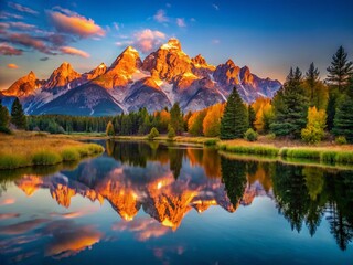 Majestic Teton Mountains at Sunrise Reflected in Serene Lake Under Clear Blue Sky in Wyoming