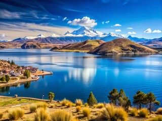 Majestic View of Lake Titicaca Surrounded by Stunning Mountains and Clear Blue Sky in Peru