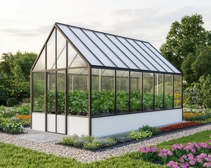 Obraz premium Exterior view of a modern greenhouse with glass walls and solar panels, innovative farming design