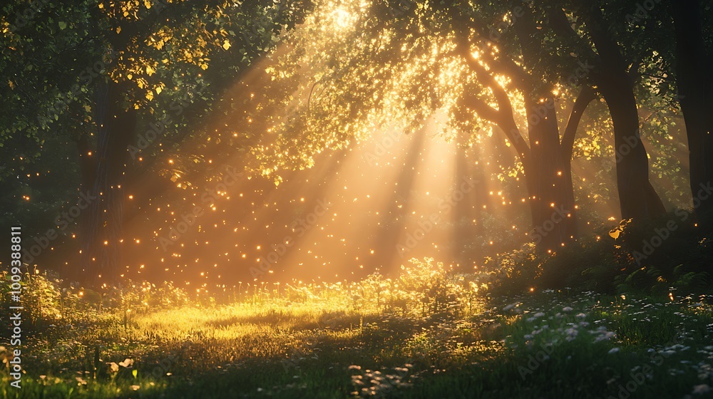 Poster golden light streams through a forest canopy, illuminating a clearing with a soft glow.