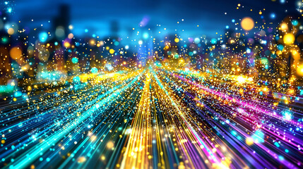 Fototapeta premium Vibrant rainbow colored lights in vertical stripes create pulsating, dynamic scene, evoking sense of energy and motion. colorful bokeh adds magical touch