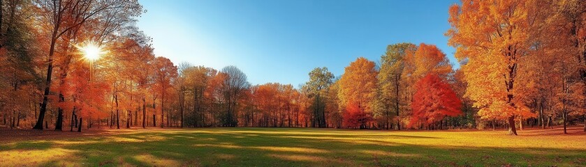 A serene autumn landscape showcasing vibrant trees, golden leaves, and a clear blue sky, perfect for nature and outdoor themes.