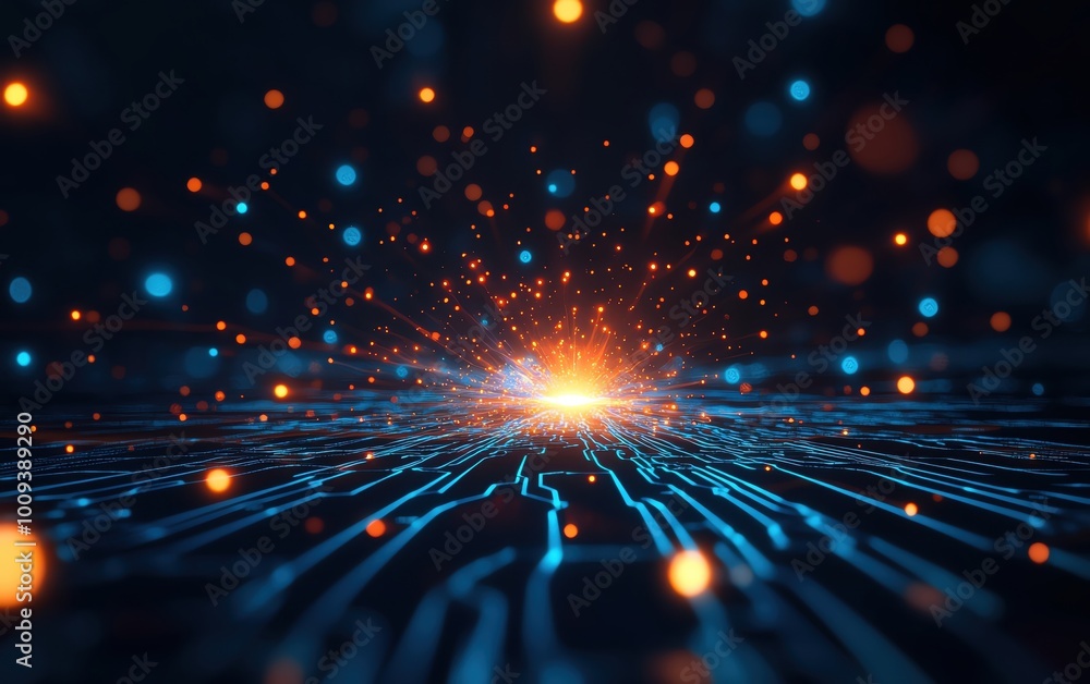 Poster abstract representation of digital technology with glowing lines and particles.