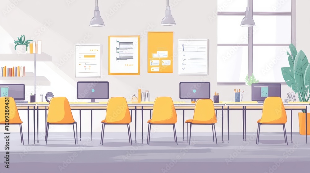 Poster modern office workspace with computers and desks