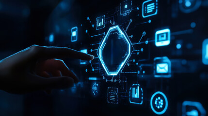 A person interacting with a holographic interface showcasing digital connections and technology in a dark environment at night