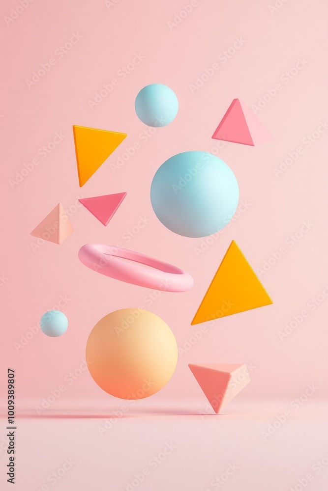 Poster vibrant floating geometric shapes in 3d space with reflections and colorful interactions