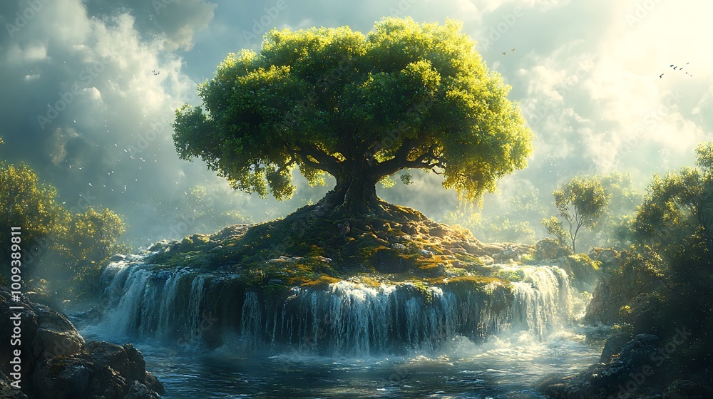 Poster a large tree stands on a small island in a river, surrounded by a waterfall. the sun shines through 